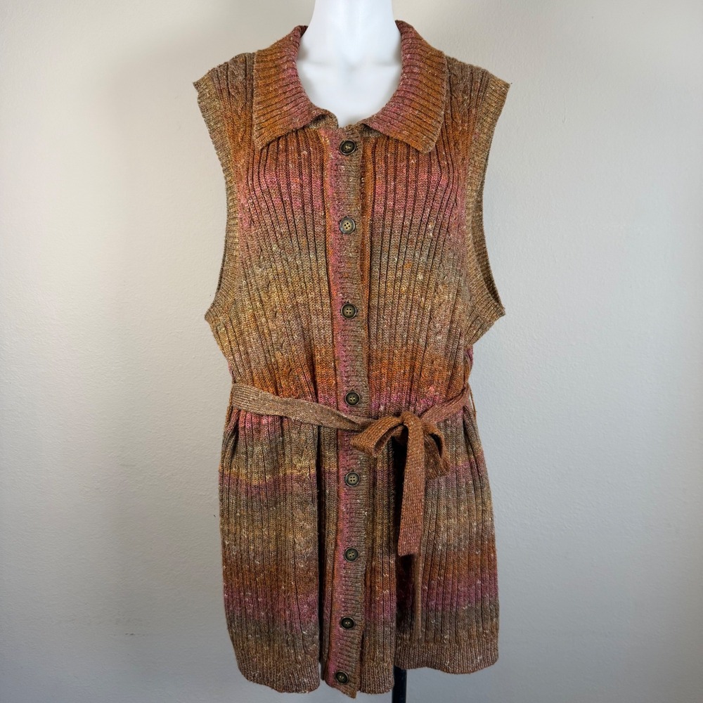 Earthy Fall Boho Sweater Vest 2X Plus Belted Knit Button‎ Front Cottagecore